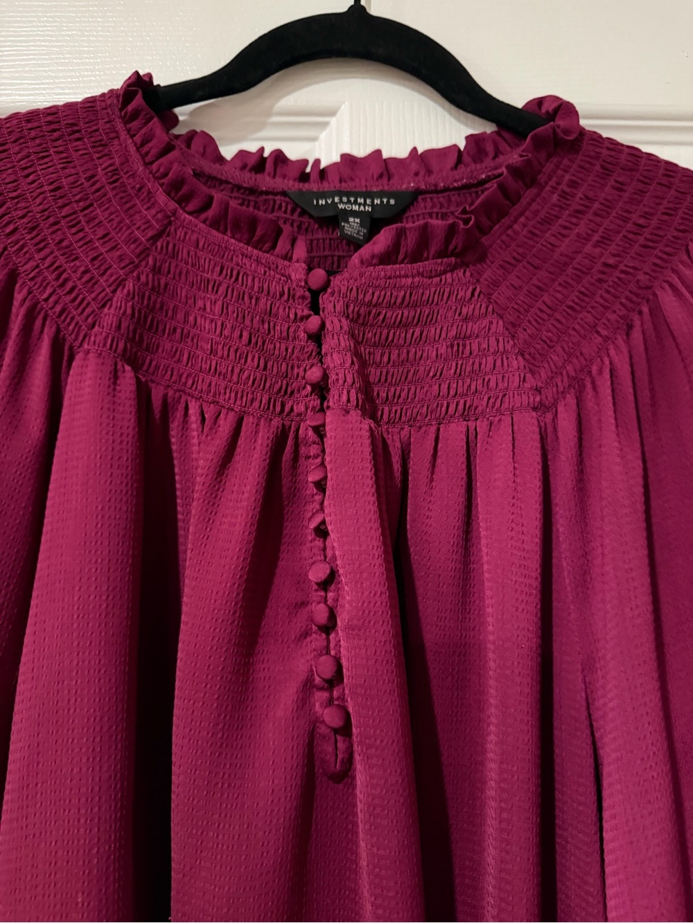 Investments Deep Magenta Smocked Yoke Button Blouse